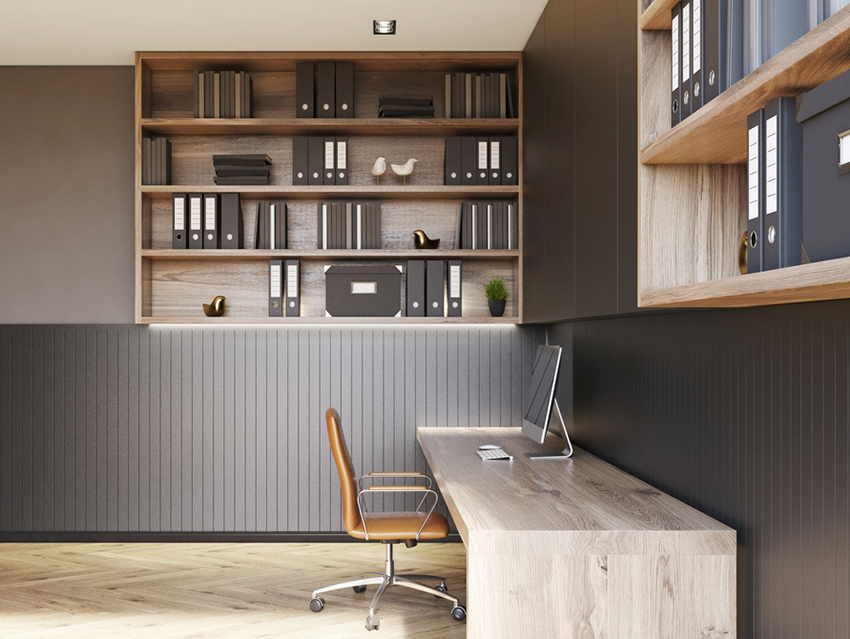 Design de sous-sol avec un bureau à domicile
