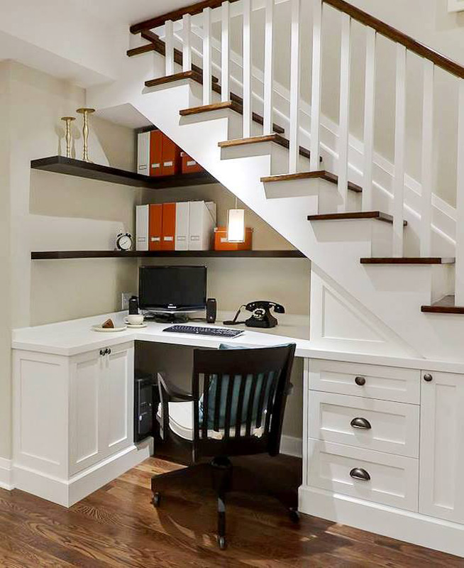 A home office under the stairs