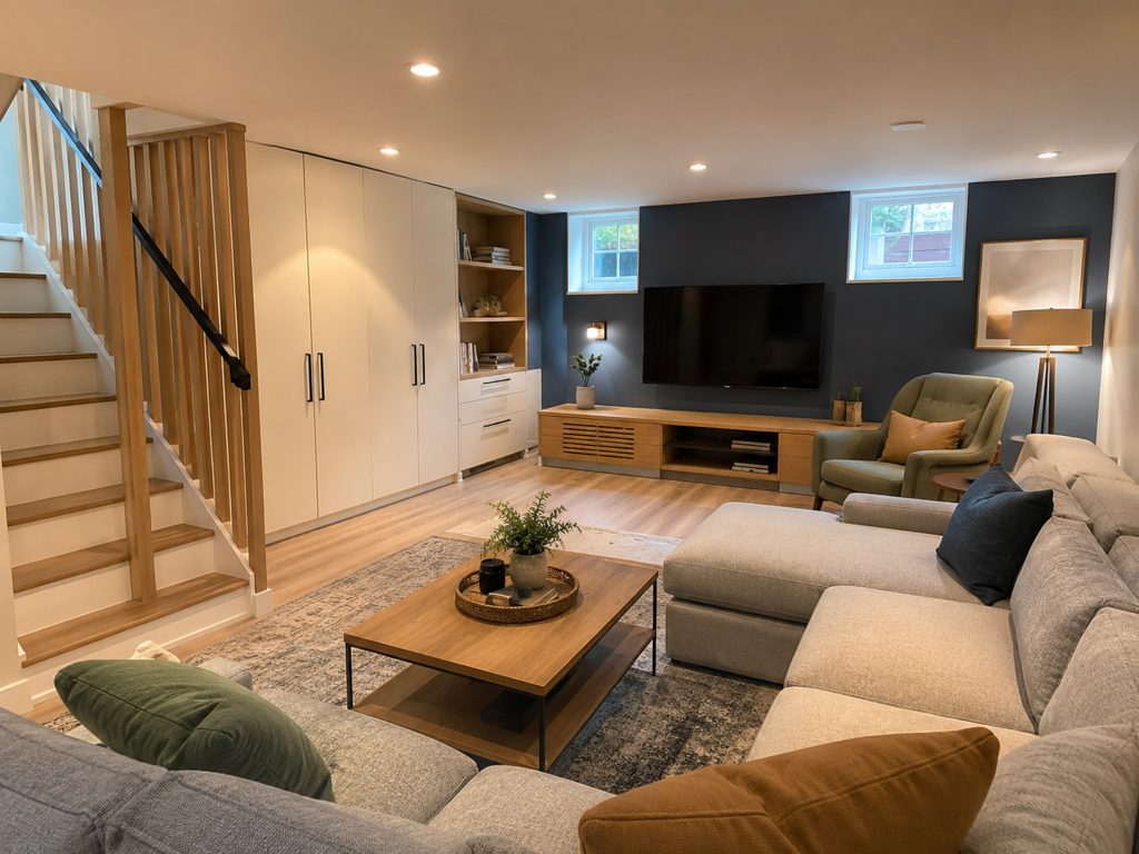 Montreal basement design with family seating, media wall and integrated storage