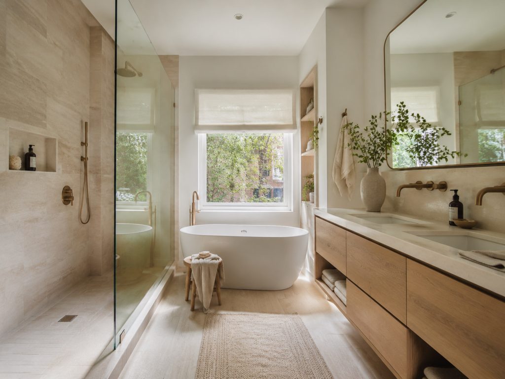 Montreal bathroom design with walk-in shower, custom vanity and practical storage