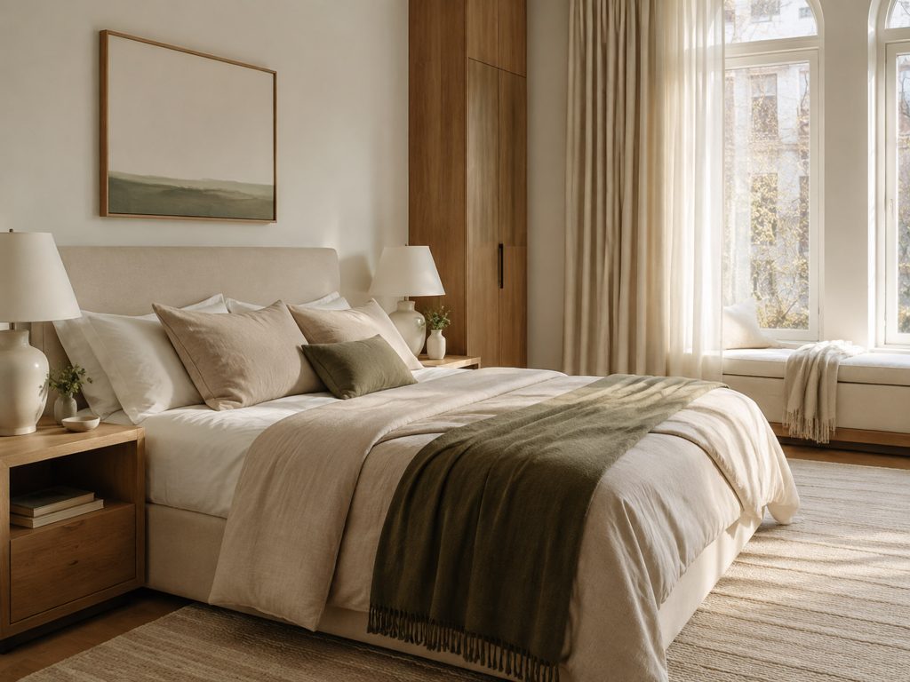 Montreal bedroom design with layered bedding, natural light and peaceful furnishings
