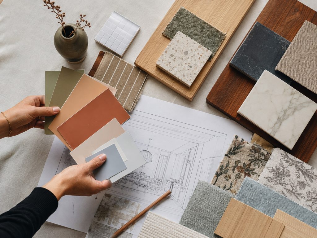 Montreal colour consultation with paint swatches, material samples and design drawings