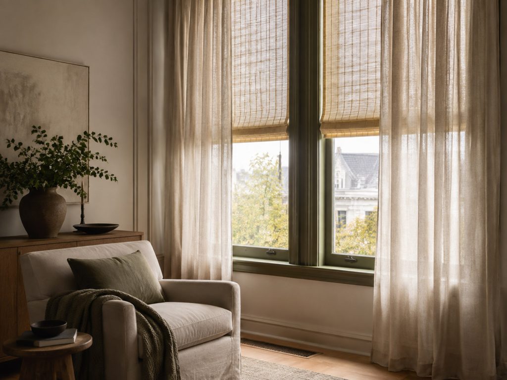 Montreal window treatment design with linen drapery and woven blinds
