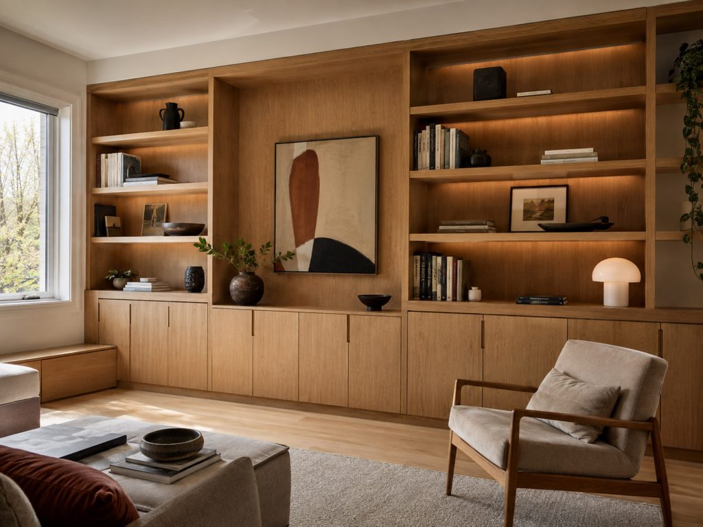 Custom furniture design in Montreal with warm oak built-in library and low storage