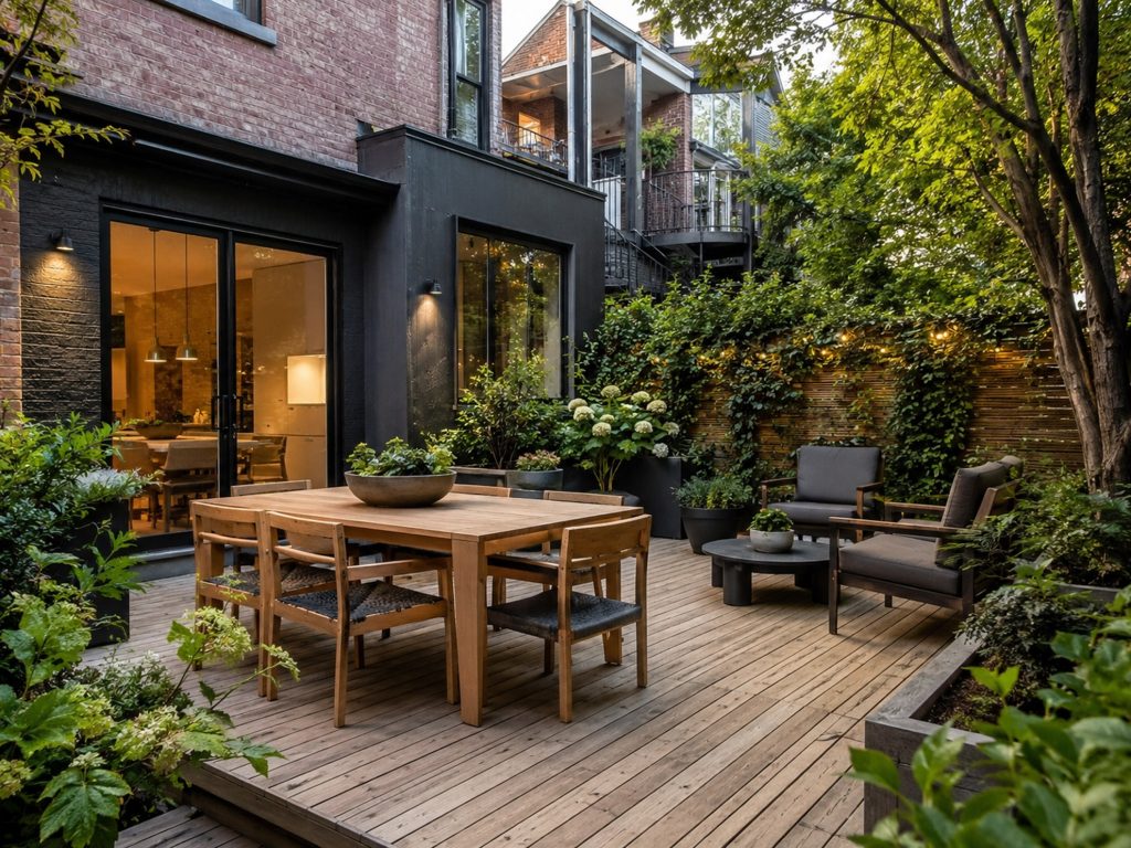 Montreal exterior design with wood deck, outdoor dining and lush privacy planting