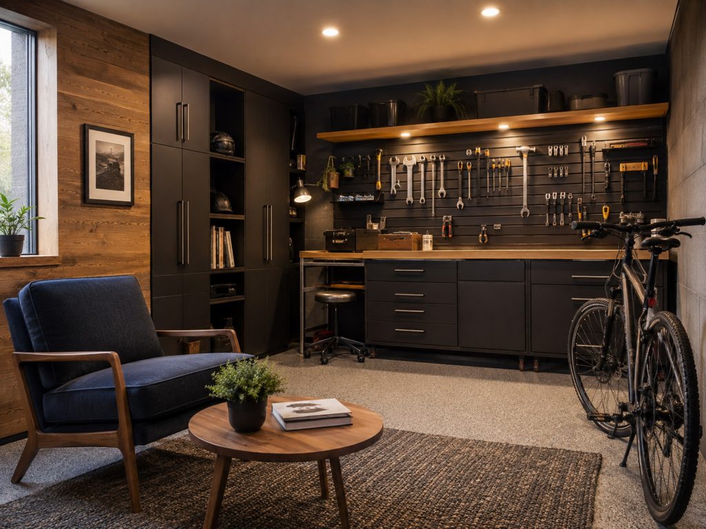 Montreal garage hobby room design with built-in storage, workbench and lounge seating