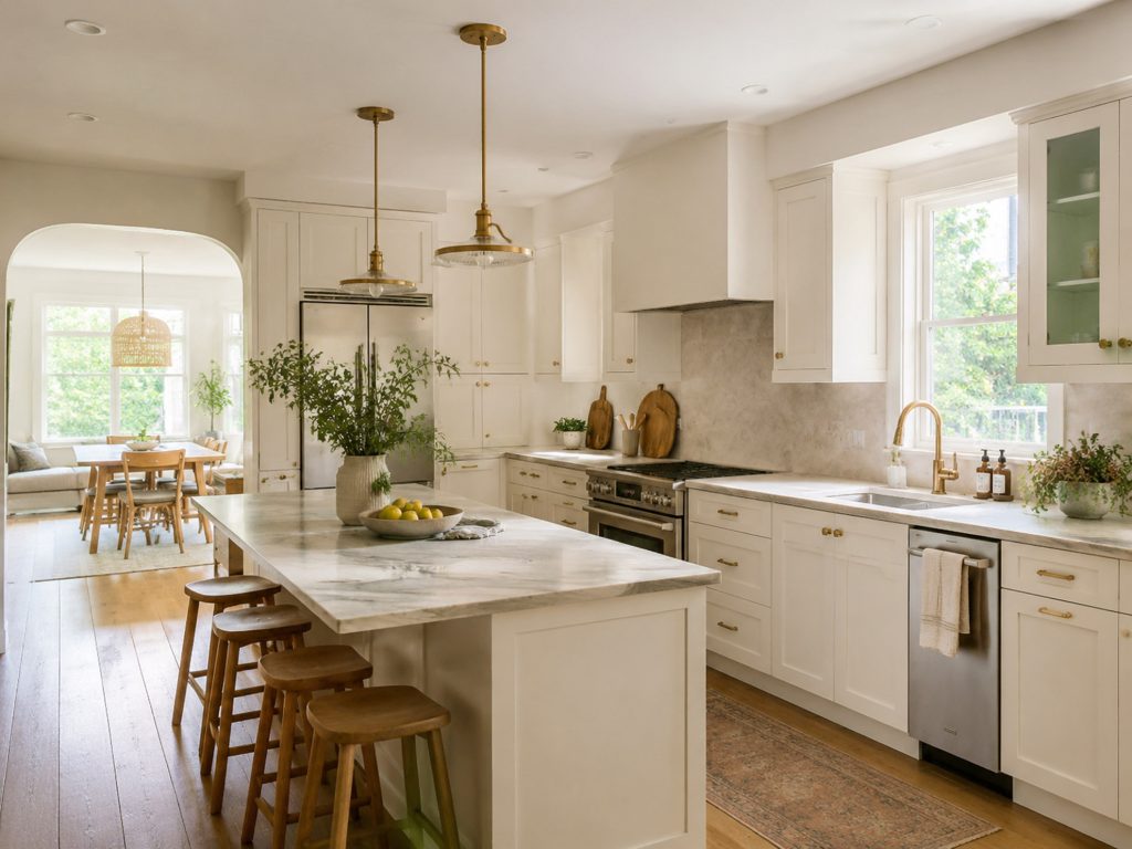 Montreal kitchen design with custom cabinetry, stone island and practical work zones