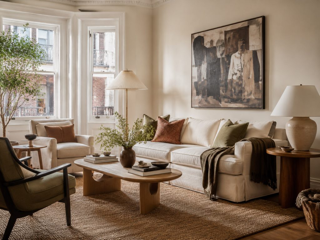 Warm Montreal living room interior design with comfortable seating and layered lighting